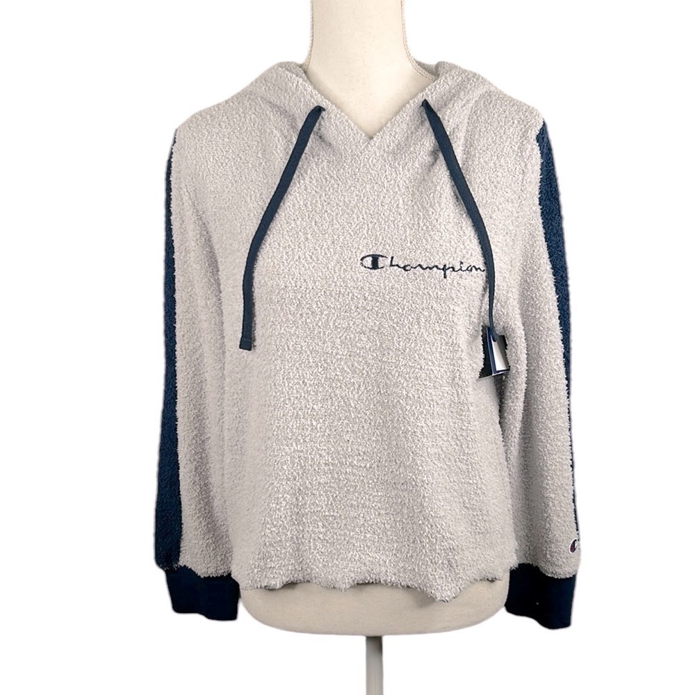 Champion Gray Navy Fuzzy Cropped Long Sleeve Hoodie Sweatshirt Size Medium New!